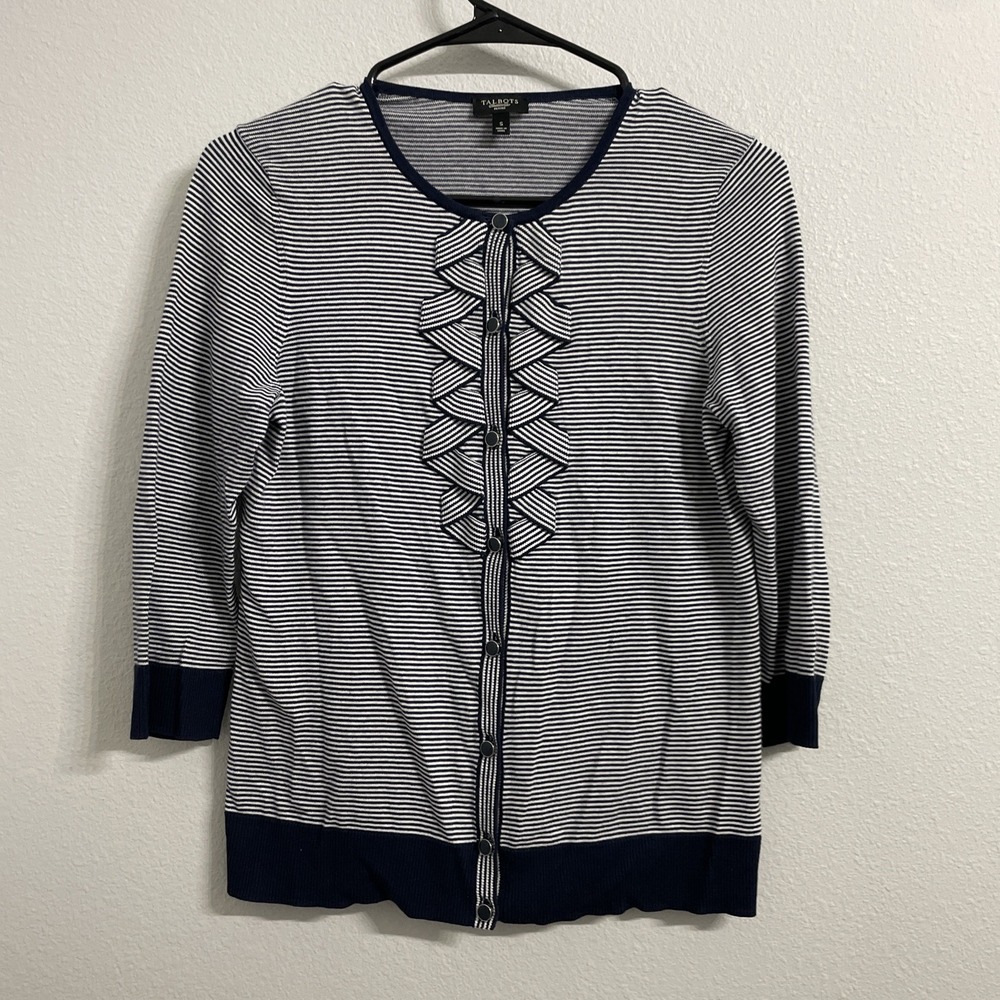 Talbots Womens Cardigan Sweater 3/4 Sleeve Sriped Print Blue White Size PS